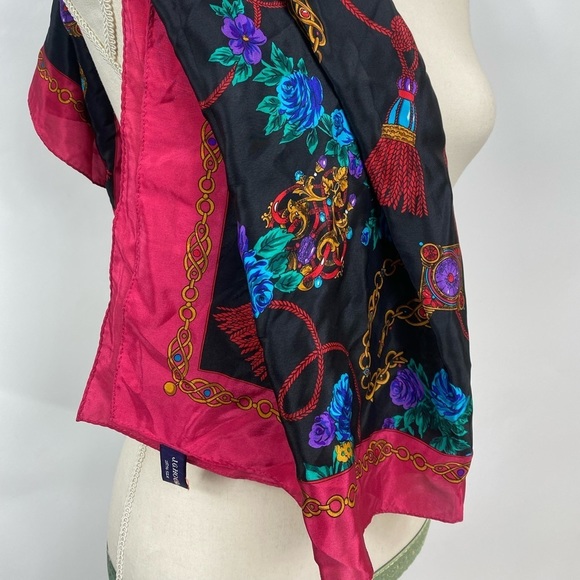 Vintage J.G.HOOK SILK Square Scarf 31”Red Colorful Floral W Chains… - Picture 5 of 13